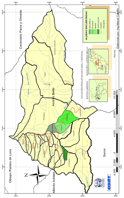 Localización del área en estudio, municipio Andrés Bello, estado Mérida-Venezuela