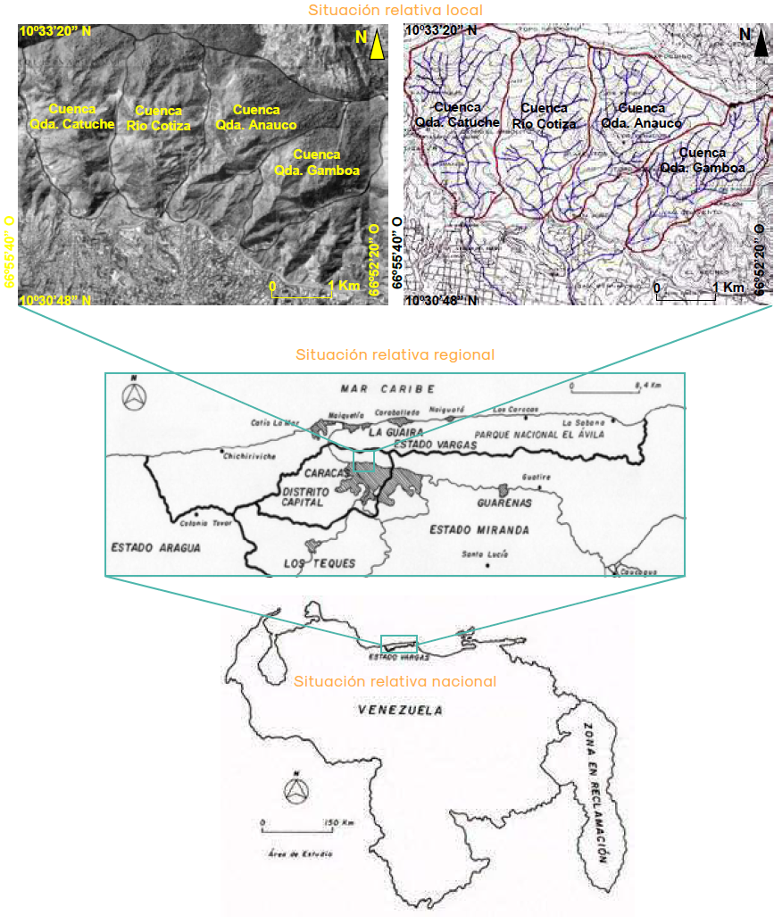 Localizaci&oacute;n de las microcuencas de
las quebradas Catuche, Anauco y Gamboa y del r&iacute;o Cotiza, vertiente sur del
Parque Nacional Waraira Repano, Caracas, Distrito Capital, Venezuela. Fuente: Direcci&oacute;n de Cartograf&iacute;a Nacional [DCN], 1979; Servicio Aut&oacute;nomo de Geograf&iacute;a y
Cartograf&iacute;a Nacional [SAGECAN], 1995