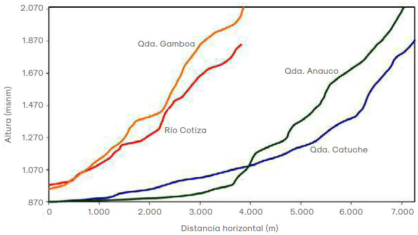 Perfiles topográficos longitudinales
de los cauces de las quebradas y río principales de las microcuencas de drenaje