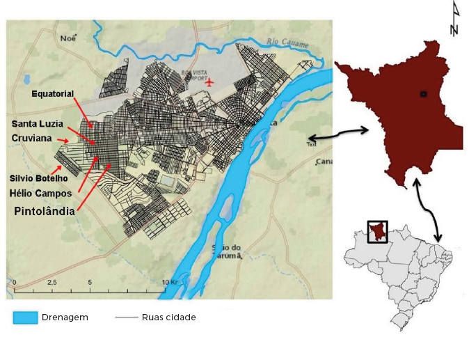 Mapa de localização da atuação das gangues ‹galeras› presentes na zona oeste
de Boa Vista, estado de Roraima (RR), no contexto urbano. (Imagem
SIVAM/adaptações 2014).