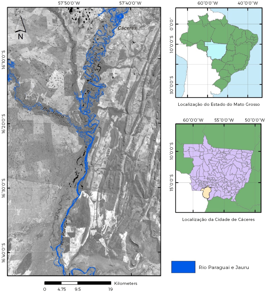 Localiza&ccedil;&atilde;o da &aacute;rea de estudo que est&aacute; compreendida entre a
cidade de C&aacute;ceres e a da fazenda Santo Ant&ocirc;nio das Lendas, munic&iacute;pio de C&aacute;ceres
(MT), 2013