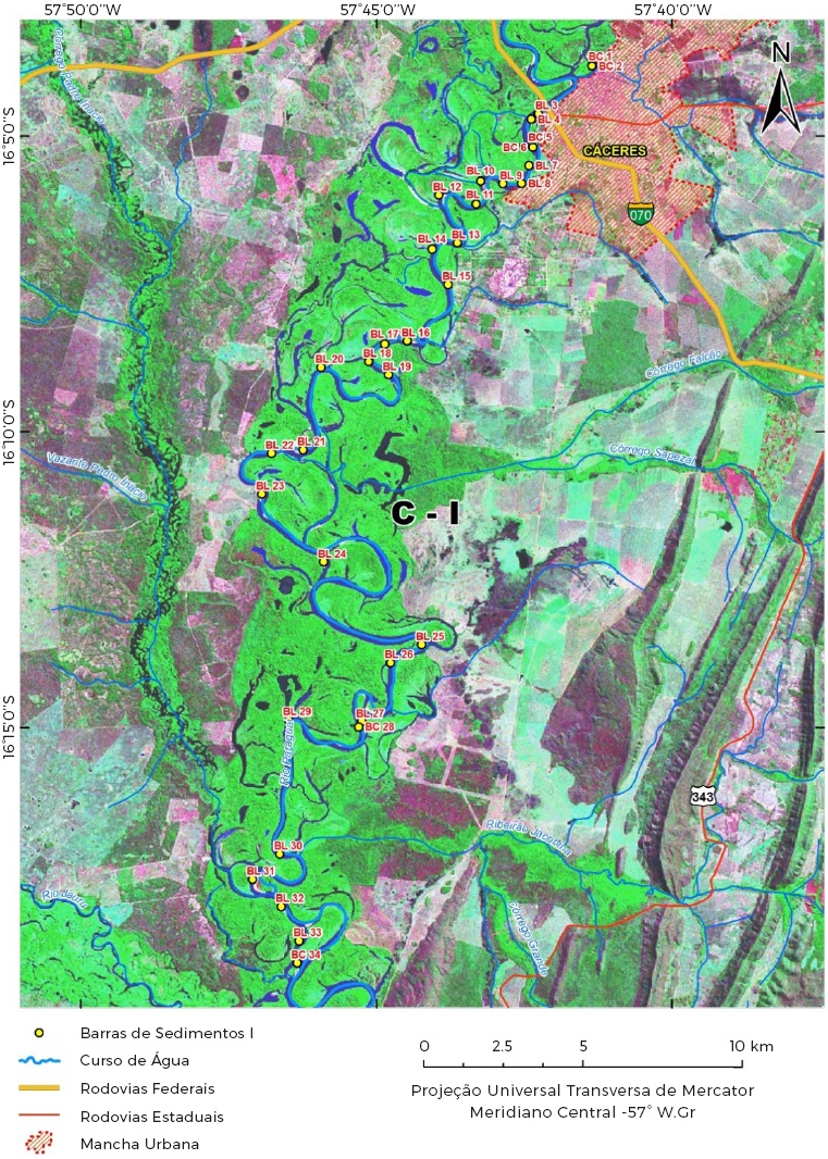 Localiza&ccedil;&atilde;o do segmento I, trecho entre a cidade de C&aacute;ceres e a
foz do rio Jauru, munic&iacute;pio de C&aacute;ceres (MT)