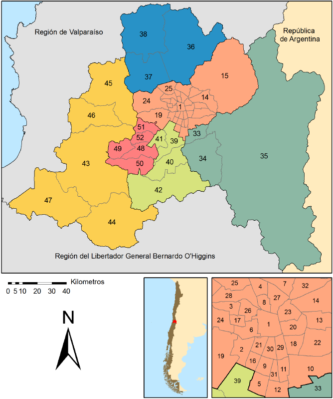 Regi&oacute;n Metropolitana de Santiago. Mapa pol&iacute;tico-administrativo.