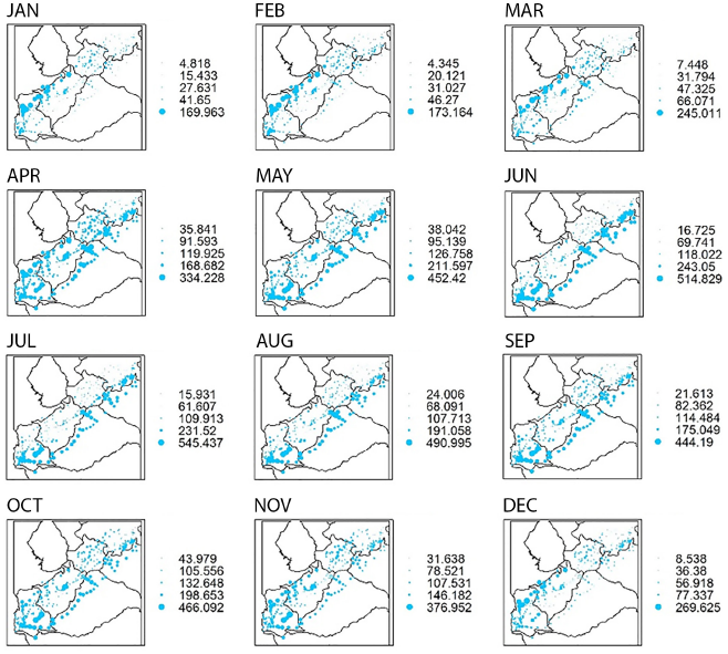 Bubble plots of the mean precipitation for each weather station
for each month