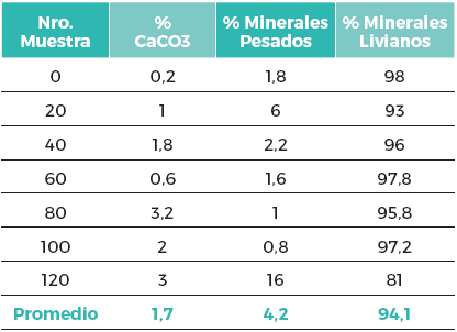 Composici&oacute;n mineral&oacute;gica de las arenas distribuida por
fracciones de CaCO3, minerales pesados sin diferenciar y minerales
livianos