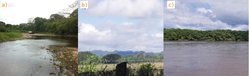 Relieves ex&oacute;genos: a) llanuras de inundaci&oacute;n de superficies amplias; b) superficies sedimentarias subhorizontales; c) estuario: desembocadura del r&iacute;o Guacimal en el golfo de Nicoya, aportando agua dulce al Manglar de Chomes