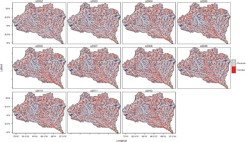 Cambios y persistencias interanuales de las diversos tipos de usos/coberturas de la tierra en la cuenca del r&iacute;o Portuguesa durante el periodo 2002-2012. Cada panel muestra la ubicaci&oacute;n espacial de los cambios y persistencias del a&ntilde;o indicado con relaci&oacute;n al anterior (e.g., s2002 ilustra los cambios y persistencias del a&ntilde;o 2002 con relaci&oacute;n al a&ntilde;o 2001)