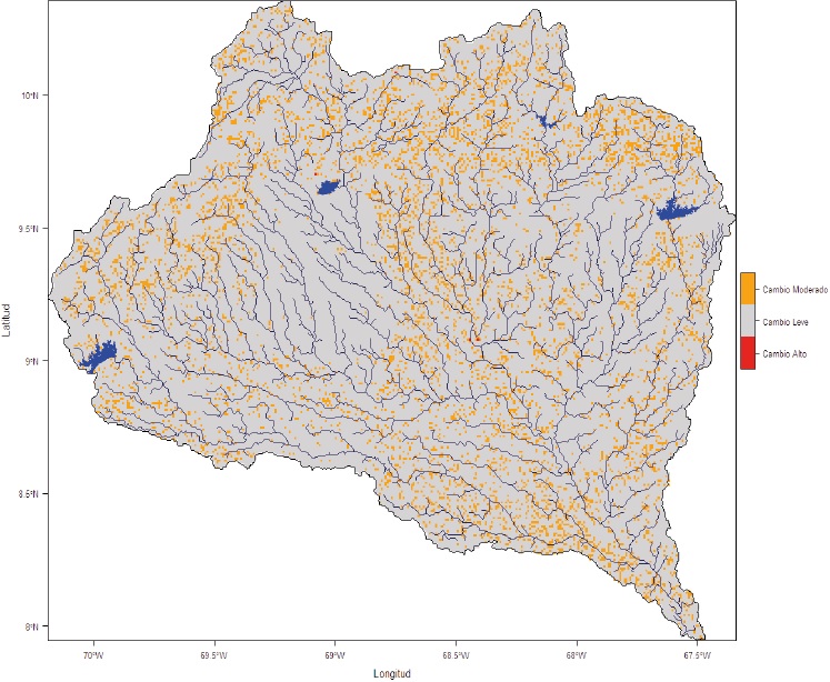 Intensidad de los cambios en la cuenca del r&iacute;o Portuguesa durante el periodo 2002-2012. Las clases que cambian ocasionalmente corresponde a &lsquo;Cambio Leve&rsquo;; cambian entre 1 y 5 a&ntilde;os corresponden a &lsquo;Cambio Moderado&rsquo;; cambian en m&aacute;s de 5 a&ntilde;os corresponden a &lsquo;Cambio Alto&rsquo;