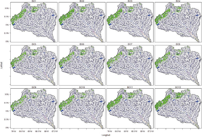 Distribuci&oacute;n espacial de los bosques en la cuenca del r&iacute;o Portuguesa durante el periodo 2001- 2012. Las regiones de color verde simbolizan los bosques. El panel BO1 corresponde al a&ntilde;o 2001, BO2 al a&ntilde;o 2002 y as&iacute; sucesivamente