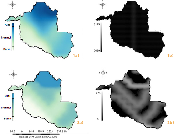 Mapa da distribui&ccedil;&atilde;o espacial da precipita&ccedil;&atilde;o por krigeagem
ordin&aacute;ria 1a); mapa da vari&acirc;ncia da krigeagem ordin&aacute;ria 1b); mapa da distribui&ccedil;&atilde;o espacial da precipita&ccedil;&atilde;o por krigeagem
indicativa 2a); mapa de incerteza da krigeagem indicativa 2b)