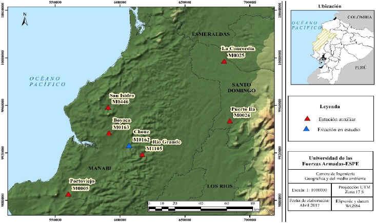 Ubicaci&oacute;n de estaciones meteorol&oacute;gicas en la zona
de estudio y estaciones auxiliares aleda&ntilde;as