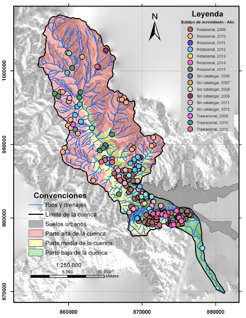 Cartografía de la distribución espacial y temporal de
deslizamientos en la cuenca del río Combeima durante
el periodo 1999 a 2015.