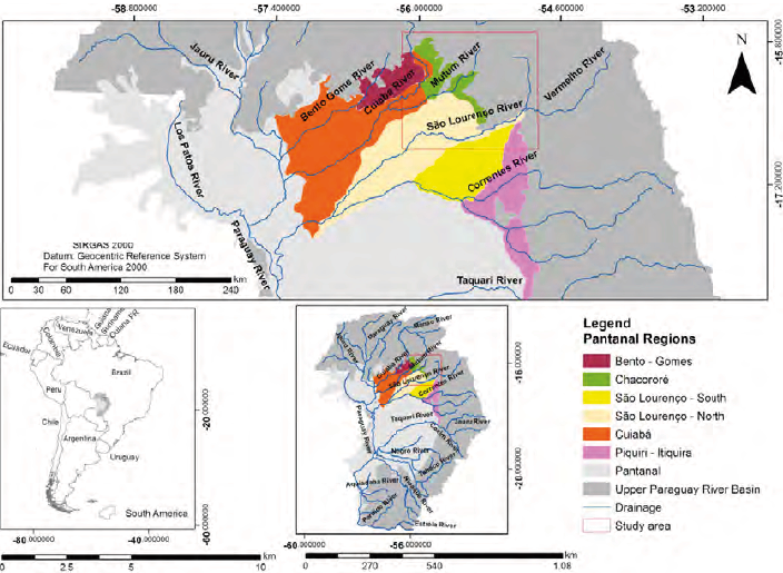 Location map of the studied quadrant with reference in South America, Upper Paraguay River basin and the Pantanal regions and source: South American boundary (IBGE, 2011); Pantanal Regions (Padovani, 2010); Drainage network (ANA, 2015). Org.: Alves, 2015
