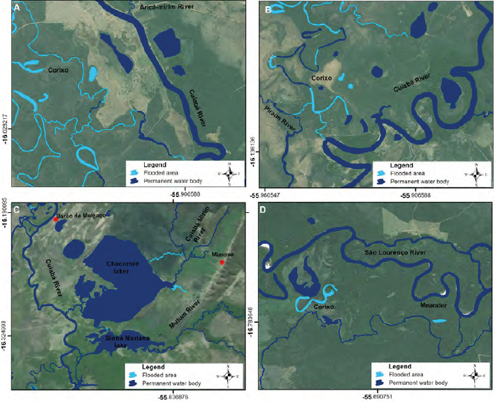 Corixo, Aricá-Mirin River, Cuiabá River (A); Corixo, Piraim River, Cuiabá River (B); Cuiabá River, Chacororé Lake, Sinhá Mariana Lake, Mutum River, Cuiabá Mirim River (C); Corixo, São Lourenço River, Meander (D) and All images were acquired from Basemap ArcGIS 10.2.2