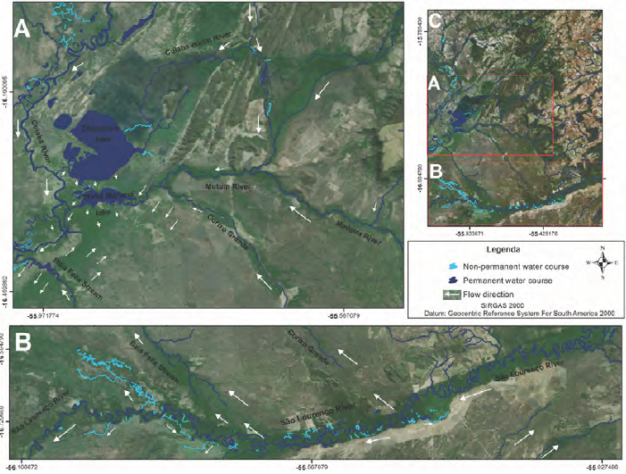 Diagram with arrows representing the flow and direction of the water during the flood process in the plain (A and B) and the location of the study quadrant plateau (C) and all images acquired from Basemap ArcGIS 10.2.2