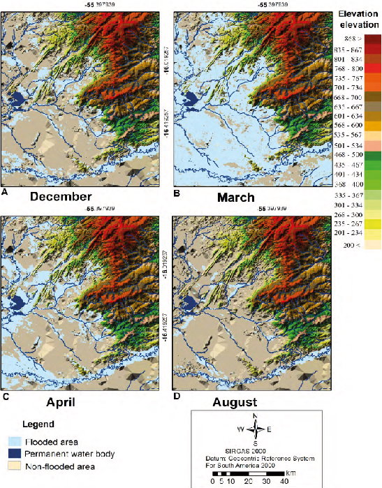 Maps with the LSWI classes for the dates of (A) December 2010 (flooding), (B) March 2011 (high), (C) April 2011 (falling) and (D) August 2011 (dry)