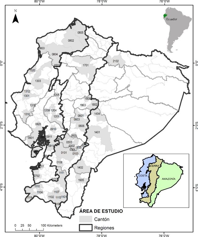 Mapa regional y poltico-administrativo del Ecuador segn cantones ms poblados