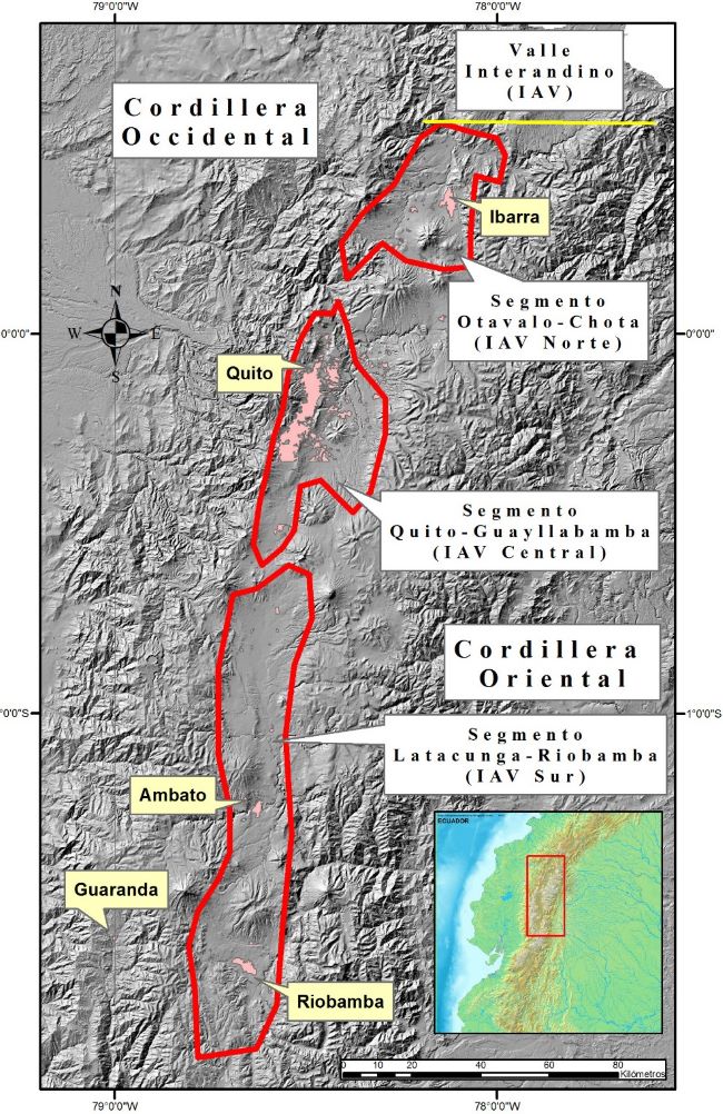 Detalle de la secci�n del Valle Interandino (IAV) en el Ecuador. En esta gr�fica se detalla los segmentos Norte (Otavalo-Chota), Centro (Quito-Guayllabamba) y Sur (Latacunga-Riobamba) del Valle Interandino. Justo en la ciudad de Guaranda se presenta la depresi�n del r�o Chimbo determinado por una serie de fallas NNE-SSW, similares a las estructuras presentes en el carretero Guaranda-San Juan