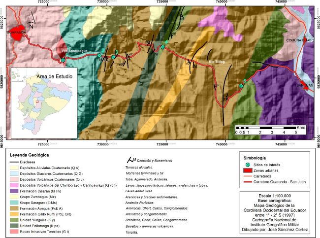 Mapa geol�gico y estructural del eje carretero entre Guaranda y San Juan. Distribuci�n de las formaciones geol�gicas presentes en el trayecto, as� tambi�n representaciones gr�ficas de las principales estructuras geol�gicas.