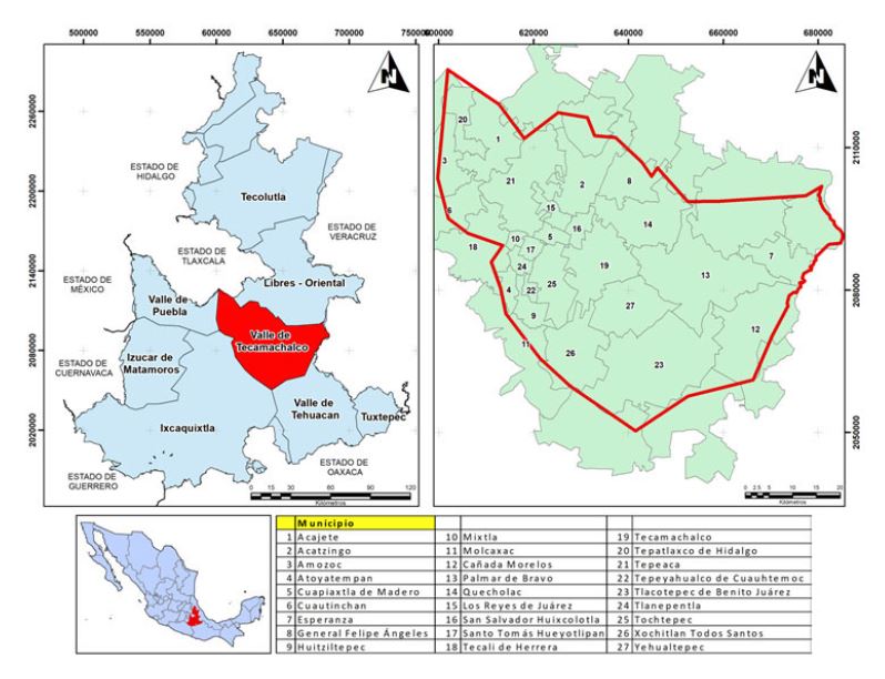 Ubicaci&oacute;n de la zona de estudio: Acu&iacute;fero del Valle
de Tecamalco y los acu&iacute;feros del estado de Puebla.
