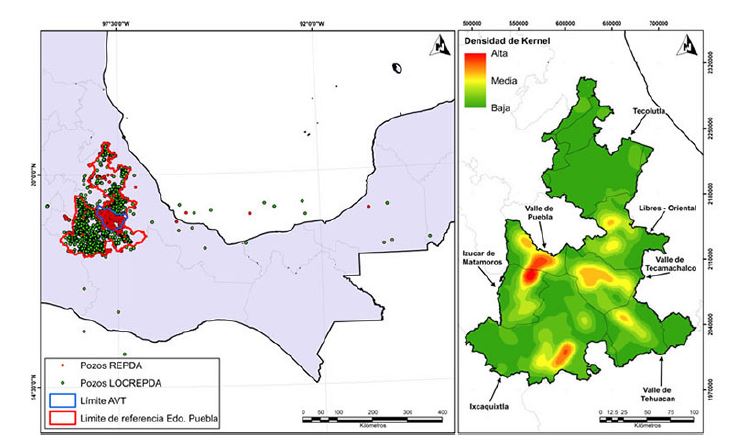 Localizaci&oacute;n de aprovechamientos de agua subterr&aacute;nea con datos del Repda y Locrepda en el estado de
Puebla, y estimaci&oacute;n de densidad Kernel para el
estado de Puebla.