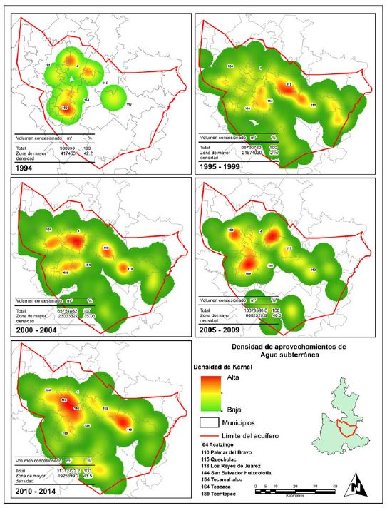  Patrones de distribuci&oacute;n
espacial de aprovechamientos de agua subterr&aacute;nea del AVT en cinco momentos del
periodo analizado.