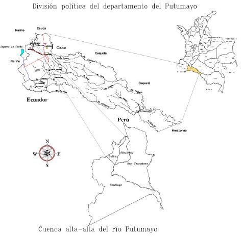 Ubicación nacional, regional y local del distrito de drenaje del Valle de Sibundoy