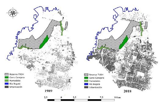 &Aacute;rea urbanizada alrededor de la reserva, localidades de Suba y Usaqu&eacute;n, extra&iacute;da a partir del IBI