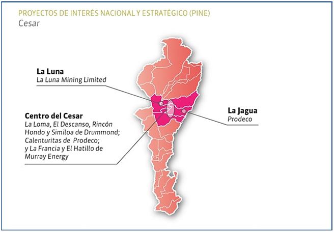 Mapa con los proyectos de inter&eacute;s nacional y estrat&eacute;gico en el Cesar. Minas La Francia y El Hatillo