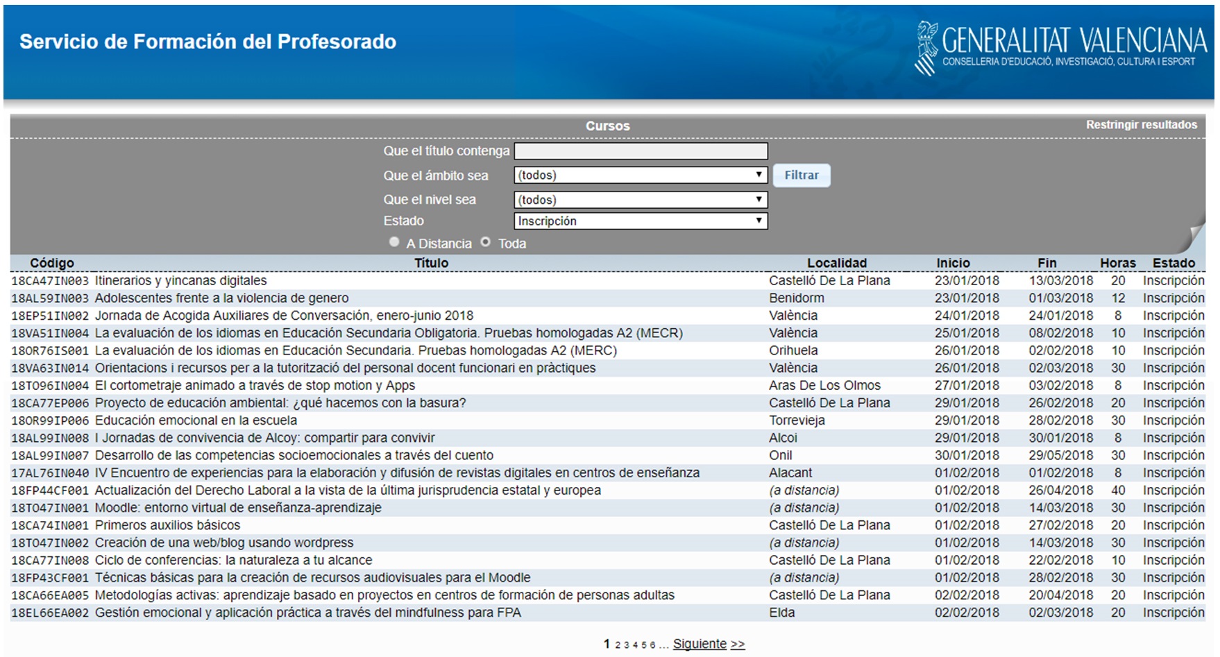 Oferta formativa del CEFIRE (captura 21-01-18)