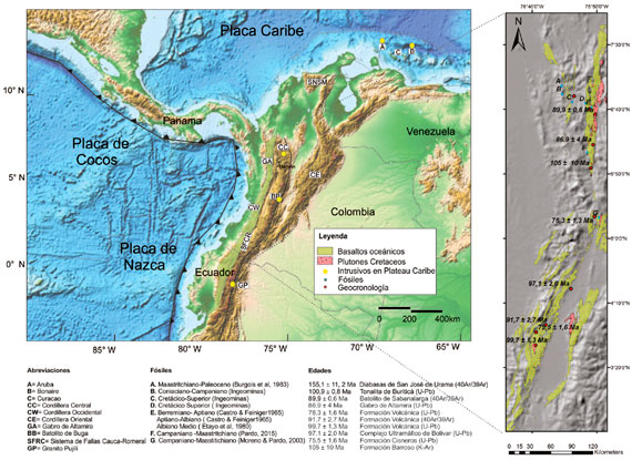 Modelo de Elevaci&oacute;n digital para el Caribe y el norte de Sudam&eacute;rica (Fuente: Amante y Eakins, 2009), edades bioestratigr&aacute;f&iacute;cas, geocronolog&iacute;a en la Cordillera Occidental Colombiana.