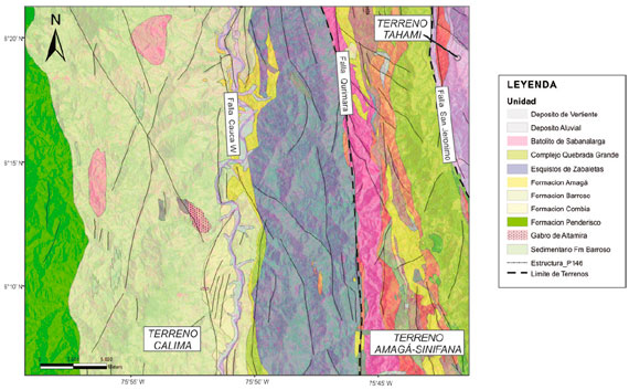 Mapa regional modificado de Mej&iacute;a et al. (1983), l&iacute;mite oriental Falla Quirimar&aacute;.