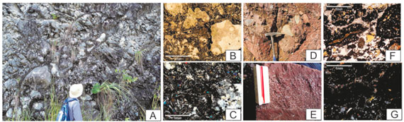 A. Pillow lavas con psudoestratificaci&oacute;n. B. y C. Microfotograf&iacute;a de Basalto am&iacute;gdalar de matriz microlitica. D. Aglomerado volc&aacute;nico. E Toba de lapilli. F. y G. Microfotograf&iacute;a Lapilli acrecional con Shards de vidrio.