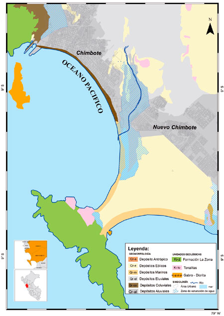 Ubicaci&oacute;n del &aacute;rea de estudio sobre el mapa geol&oacute;gico y geomorfol&oacute;gico de Chimbote y Nuevo Chimbote en el Departamento de Ancash en Per&uacute;. 