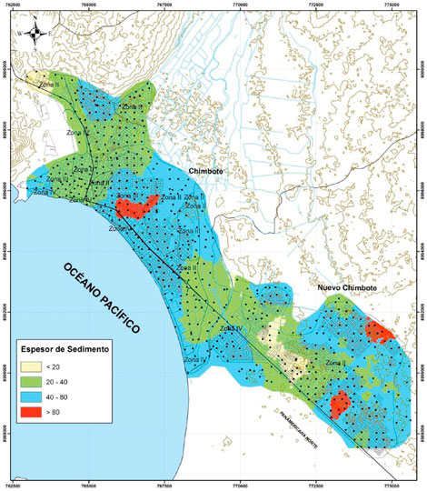 Mapa de la distribuci&oacute;n de puntos H/V adquiridos en el &aacute;rea de estudio y valores de profundidad del basamento rocoso o espesor sedimentario estimado para la zona de estudio a partir de la ecuaci&oacute;n 22.