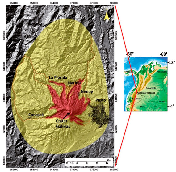 Mapa de localizaci&oacute;n del volc&aacute;n Galeras y de Amenaza volc&aacute;nica de la tercera versi&oacute;n. El recuadro ampliado donde se muestra en colores las zonas de amenaza est&aacute; en coordenadas planas de Gauss origen Buenaventura. El color rojo corresponde a la amenaza alta, el anaranjado a la amenaza media y el amarillo a la amenaza baja. La flecha apunta al cr&aacute;ter activo principal del volc&aacute;n y en el mapa se destaca la ciudad de Pasto y algunos centros poblados