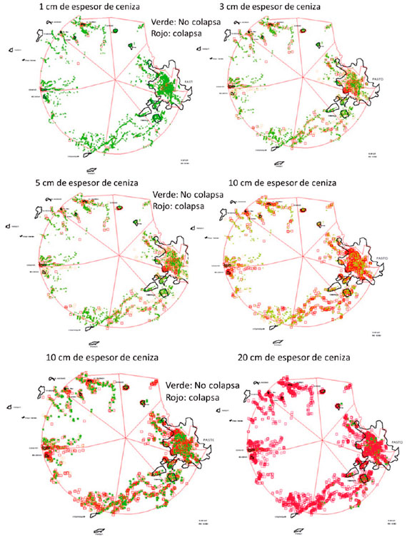 Distribuci&oacute;n de cubiertas de viviendas en el &aacute;rea de Galeras que colapsan con diferentes espesores de dep&oacute;sitos de ceniza h&uacute;meda (Torres and C&aacute;rdenas, 2006)