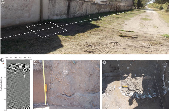 A. Vista del exterior del cementerio donde se indica con un recuadro la ubicación de la fosa. B. Radargrama obtenido, las flechas indican los límites de la anomalía. C. Vista del perfil de la anomalía excavada donde se reconoce el límite del relleno, indicado con líneas de trazos. D. Vista de la excavación donde se reconocen los límites del nivel de cal, indicado con líneas de trazos.