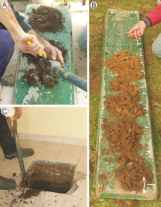 A. Obtención de los materiales extraídos por la cuchara del barreno manual. B. Perfil litológico del subsuelo reconstruido en superficie con muestras obtenidas a distintas profundidades. C. Ejemplo de corte en un piso de cerámicos, dentro de una habitación, para acceder al subsuelo.