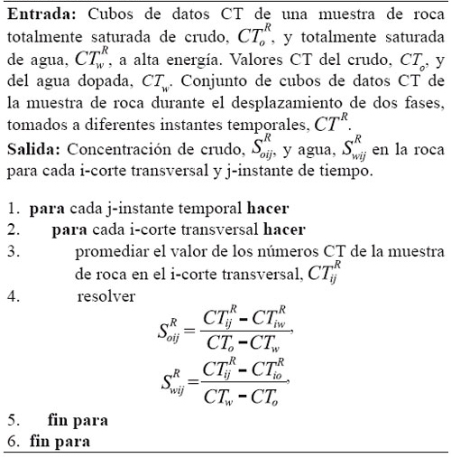 Estimación de saturación de crudo y agua dopada en la muestra de roca para cualquier corte transversal e instante temporal