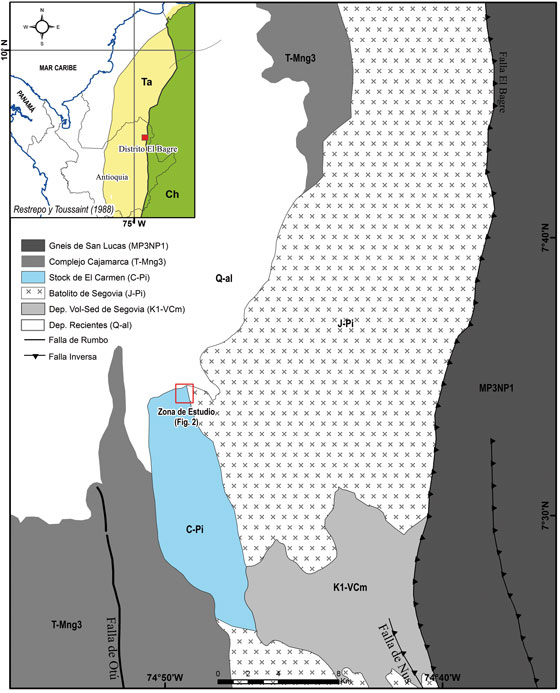 Mapa geológico regional de la zona de
estudio. Terreno Chibcha (Ch), terreno Tahamí (Ta) y terreno Caribe (Ca) de
acuerdo a Restrepo y Toussaint (1988)