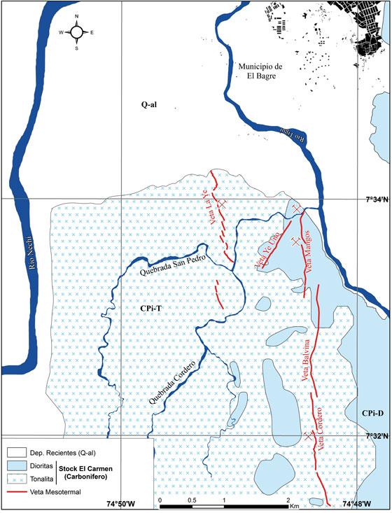 Mapa geológico local de la zona de
estudio. Terreno Chibcha (Ch), terreno Tahamí (Ta) y terreno Caribe (Ca) de
acuerdo a Restrepo y Toussaint (1988)