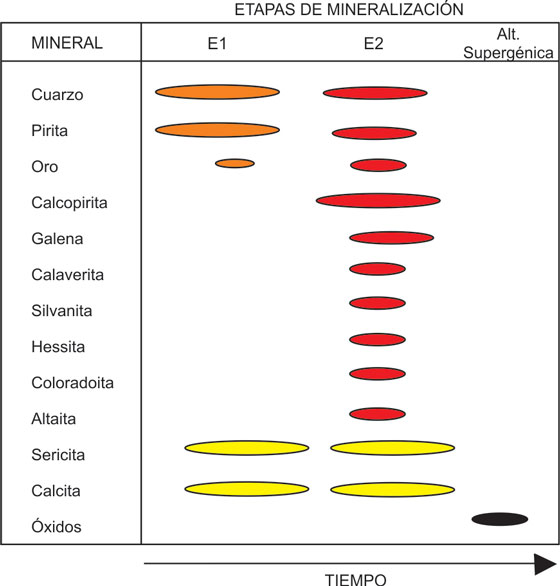 Secuencia paragenética de la mina Los
Mangos con las etapas principales de mineralización. Espesor y continuidad de
las líneas relativo a la abundancia durante cada evento de deformación.