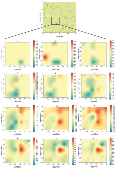 VALORES DEL CAMPO DE VELOCIDADES DE
ONDA P (KM/S) EN CADA UNO DE LOS BLOQUES DEL MODELO 3D REPRESENTADO EN 12
SECCIONES A DIFERENTE PROFUNDIDAD, A. 0 KIL&Oacute;METROS, B. 10 KIL&Oacute;METROS, C. 20 KIL&Oacute;METROS, D. 30 KIL&Oacute;METROS, E. 40 KIL&Oacute;METROS, F. 50 KIL&Oacute;METROS, G. 60 KIL&Oacute;METROS, H. 70 KIL&Oacute;METROS, I. 80 KIL&Oacute;METROS, J. 100 KIL&Oacute;METROS, K. 120 KIL&Oacute;METROS, Y L. 150 KIL&Oacute;METROS; LAS VARIACIONES
LATERALES DE LA VELOCIDAD CON RESPECTO A LA PROMEDIO EN CADA UNA DE LAS
PROFUNDIDADES SE DENOMINAN &ldquo;ANOMAL&Iacute;AS POSITIVAS&rdquo; SI SON MAYORES QUE &Eacute;STA O
&ldquo;ANOMAL&Iacute;AS NEGATIVAS&rdquo; SI SON MENORES.