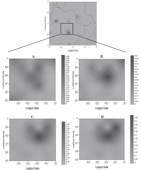 ELEMENTOS DIAGONALES DE LA MATRIZ DE
RESOLUCI&Oacute;N DE LOS PAR&Aacute;METROS PARA LA INVERSI&Oacute;N DEL MODELO DE VELOCIDAD DE LA
ONDA P EN 3D, SE TIENEN PLANOS A DIFERENTES PROFUNDIDADES, A. 80 KIL&Oacute;METROS, B. 100 KIL&Oacute;METROS, C. 120 KIL&Oacute;METROS Y D. 150 KIL&Oacute;METROS.