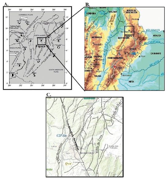 MAPA
DE UBICACI&Oacute;N DEL MARCO TECT&Oacute;NICO DE COLOMBIA EN DONDE A. MUESTRA LA UBICACI&Oacute;N DEL TERRITORIO
COLOMBIANO Y SUS PRINCIPALES CARACTER&Iacute;STICAS TECT&Oacute;NICAS DEBIDAS A LA SUBDUCCI&Oacute;N
DE LAS PLACAS DE NAZCA Y CARIBE BAJO LA SURAMERICANA (TOMADO DE ZARIFI Y HAVSKOV,
2003), LAS FLECHAS BLANCAS MUESTRAN LA DIRECCI&Oacute;N EN LA QUE LAS PLACAS DE NAZCA
Y CARIBE SE SUBDUCEN BAJO LA PLACA B. ZOOM DEL EVIDENTE CAMBIO DE ORIENTACI&Oacute;N
QUE SUFRE LA CORDILLERA ORIENTAL JUSTO D&Oacute;NDE COMIENZA LA FRANJA S&Iacute;SMICA DEL
DEPARTAMENTO DE SANTANDER; Y C. ZOOM DE ALGUNOS DE LOS SISTEMAS DE
FALLA M&Aacute;S IMPORTANTES DE LA REGI&Oacute;N COMO LA FALLA SANTA MARTA &ndash; BUCARAMANGA Y LA
FALLA SU&Aacute;REZ (MAPA GEOL&Oacute;GICO DE COLOMBIA, 2015).