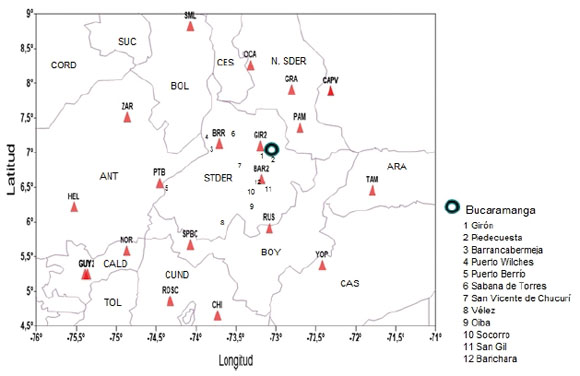 MAPA
DE LAS ESTACIONES SISMOL&Oacute;GICAS CERCANAS A LA ZONA DE ESTUDIO, ESTABLECIDAS POR
LA RSNC.