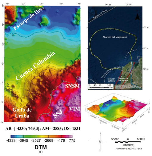 MODELO DIGITAL
DEL TERRENO. SSJ: SERRAN&Iacute;A DE SAN JACINTO; SNSM: SIERRA NEVADA DE SANTA MARTA;
VIM: VALLE INFERIOR DEL MAGDALENA. AR: RANGO DE AMPLITUD; AM: AMPLITUD
PROMEDIO; DS: DESVIACI&Oacute;N EST&Aacute;NDAR.