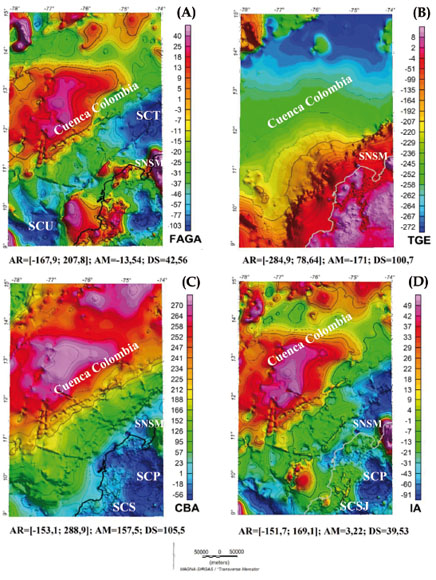 ANOMAL&Iacute;AS
GRAVIM&Eacute;TRICAS. IA: CORRESPONDE A LA ANOMAL&Iacute;A ISOST&Aacute;TICA MODELADA DE ACUERDO AL
MODELO ISOST&Aacute;TICO DE AIRY CON UNA CORTEZA DE 30 km Y UNA DENSIDAD DE CONTRASTE
DE 350 kg/m3. AR: RANGO DE AMPLITUD; AM:
AMPLITUD PROMEDIO; DS: DESVIACI&Oacute;N EST&Aacute;NDAR; SNSM: SIERRA
NEVADA DE SANTA MARTA; SCU: SUBCUENCA URAB&Aacute;; SCT: SUBCUENCA TAYRONA; SCP: SUBCUENCA PLATO;
SCSJ: SUBCUENCA SAN JORGE.