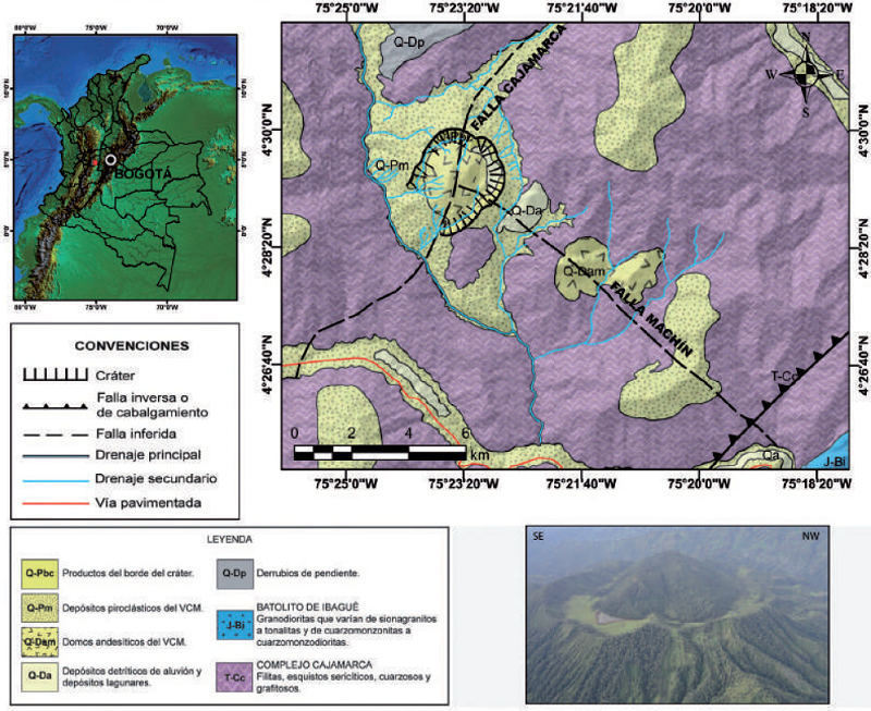 Localizaci&oacute;n del Volc&aacute;n Cerro Mach&iacute;n (CVM) en la Cordillera Central de Colombia (recuadro rojo), la falla Cajamarca es tomada de Mosquera (1978) y la falla Mach&iacute;n de Cepeda et al. (1995), Mapa geol&oacute;gico del VCM y sus alrededores (adaptado de CHEC, 1983; Cepeda et al., 1995). Fotograf&iacute;a del VCM (www.sgc.gov.co). N&oacute;tese el domo intracrat&eacute;rico la actual "laguna" intracrat&eacute;rica.